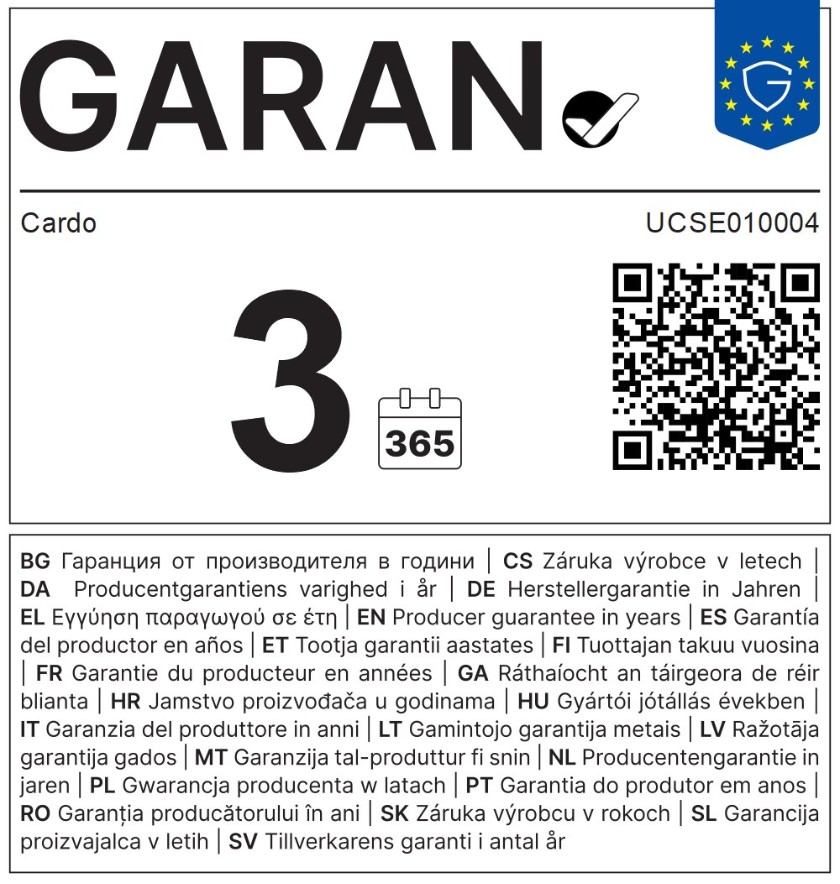 EU-Garantielabel: 3 Jahre Herstellergarantie von Cardo für UCSE010004