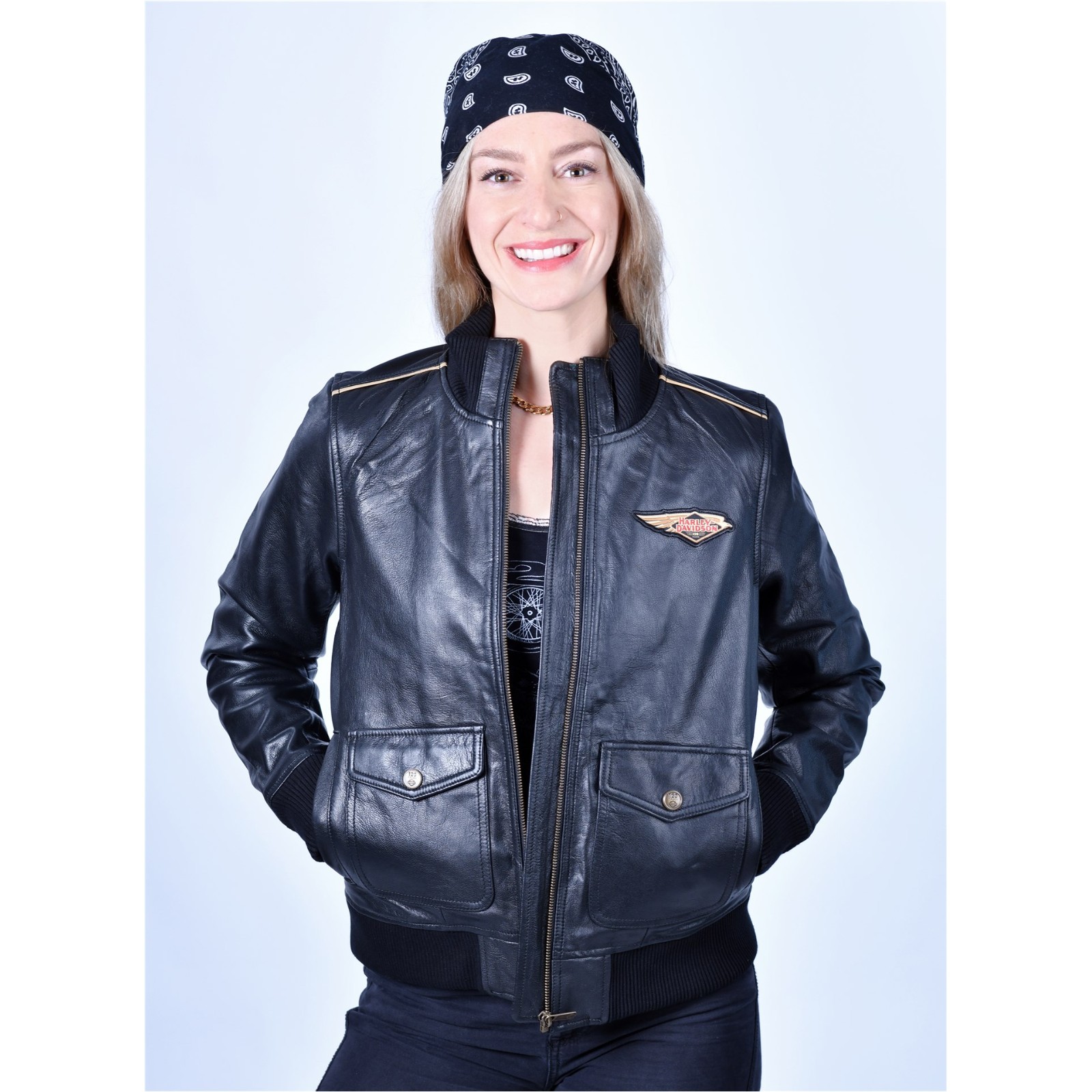120th Anniversary Bomber Lederjacke für Damen, schwarz 