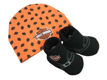 Baby Mütze & Biker Stiefelchen orange & schwarz