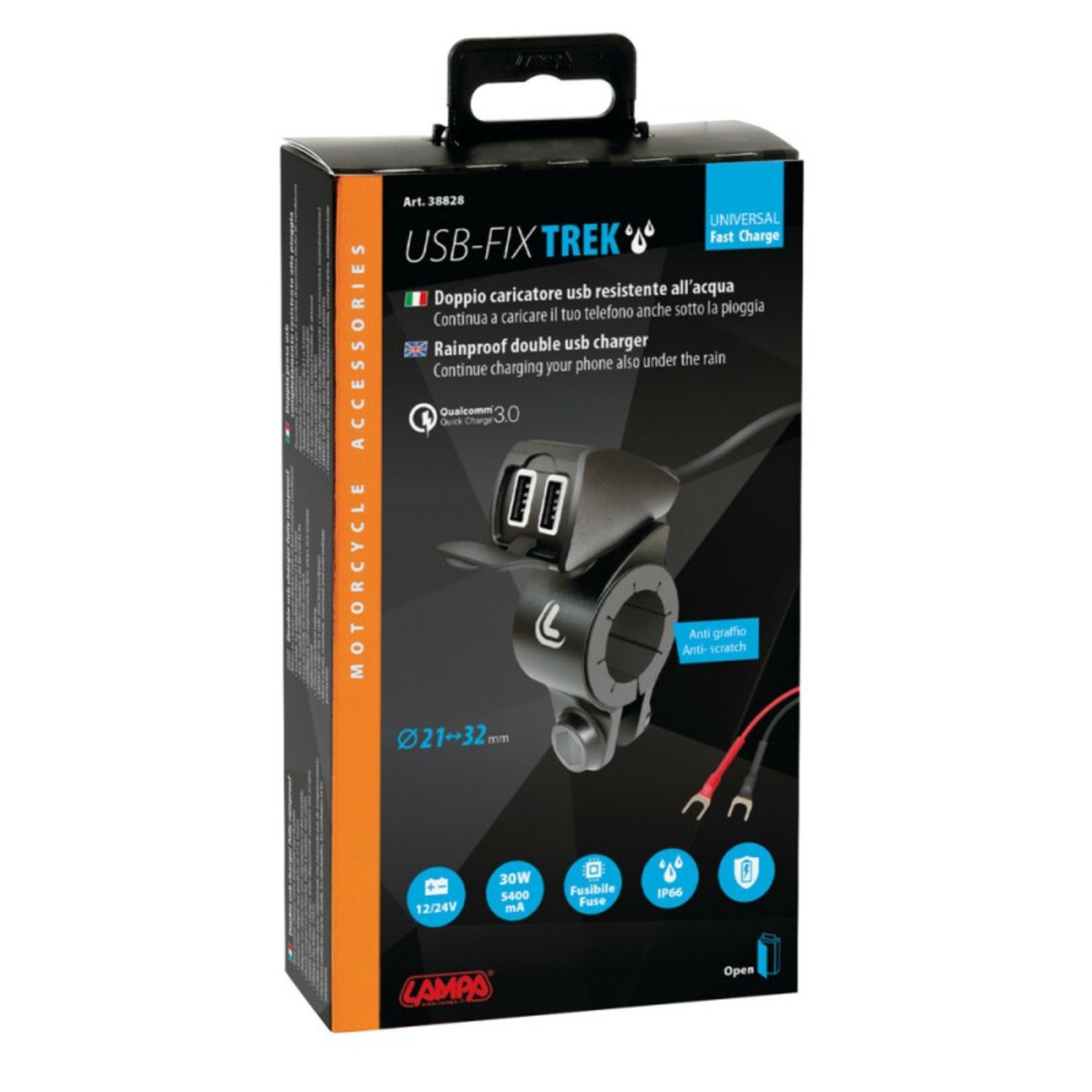 Doppia presa Usb a manubrio Lampa Usb-Fix Trek Ultra Fast Charge 5400 mA 12/ 24V