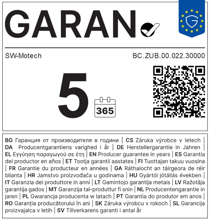 EU-Garantielabel: 5 Jahre Herstellergarantie von SW-Motech für BC.ZUB.00.022.30000
