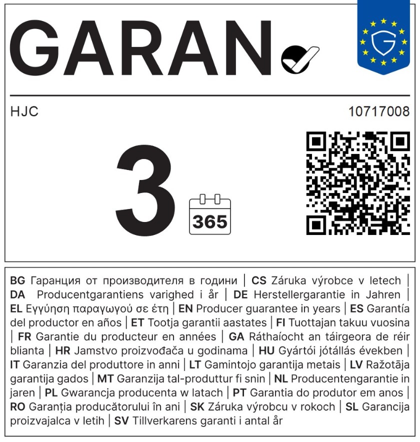 EU-Garantielabel: 3 Jahre Herstellergarantie von HJC für 10717008