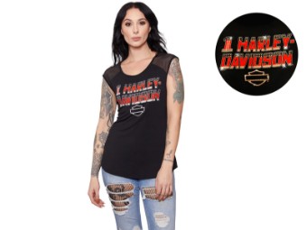 Harley-Davidson Women Top "Stunt Double" HT4571BLK Black Mesh Bar & Shield Rhinestone