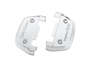 Passenger footboard covers with Harley-Davidson lettering