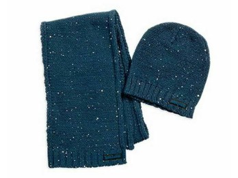 Ladies Knittet cap/Scarf-Set 97821-16VW Sequins Blue Acryl