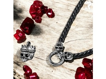 Premium Leder-Halskette "Black Skull 2" Nappaleder & Edelstahl-Totenköpfe