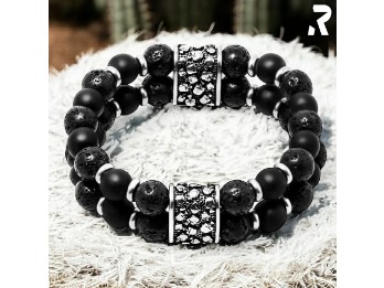 Massives Doppel-Armband "Black Souls" Echter Lavastein & Onyx mit Skull-Elementen