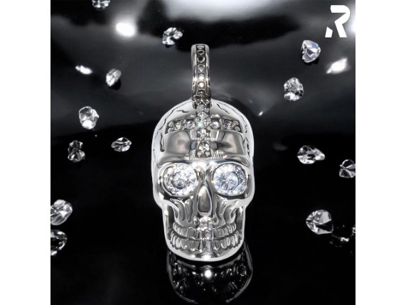 Totenkopf Anhaenger Glitzer Steine Steinchen Edelstahl Silber Rockyfy 10-01