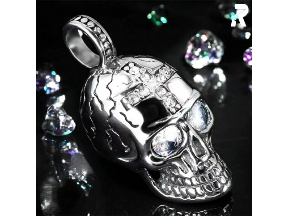 Totenkopf Anhaenger Glitzer Steine Steinchen Edelstahl Silber Rockyfy 10-03