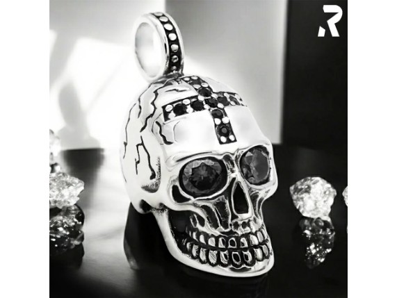 Totenkopf Anhaenger Kettenanhaenger Silber Edelstahl Skull mit schwarzen Augen Totenkopfschmuck Rockyfy 04