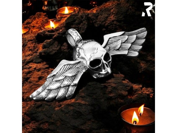 Totenkopf Anhaenger mit Fluegel aus Edelstahl Totenkopfschmuck Kettenanhaenger Damen Herren Rockyfy 01