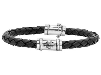 Armband Leather Silver Bar & Shield Rope Black
