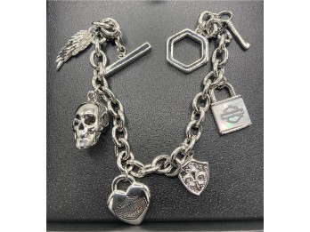 Harley-Davidson® Damenarmband mit 7,5-Zoll-Verschluss, Logo und Motivanhänger – Silber