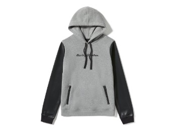Faux Leather Sleeve Pullover Hoodie - Colorblock - Medium Grey Heather & Harley Black