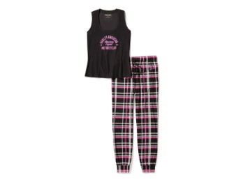 Damen Schlafanzug Set Karo schwarz/pink