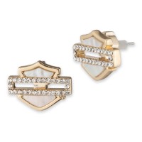 Harley-Davidson® Women's Mother of Pearl Bar & Shield Stud Earrings, Gold Plated