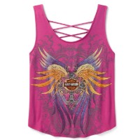 Damen Bling H-D® Moto Wings Tanktop mit Schnür-Rücken - pink 