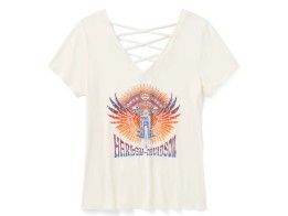 Damen-T-Shirt „Bling Sunset Ride“ mit kurzen Ärmeln und Schnürung am Rücken