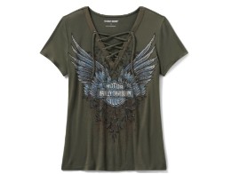 Damen-T-Shirt „Bling Dark Angel“ mit kurzen Ärmeln und Schnürung vorne