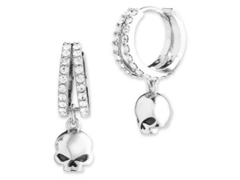 Harley-Davidson® Women's Willie G Skull Double Pave Crystal Hoop Earrings, Silver