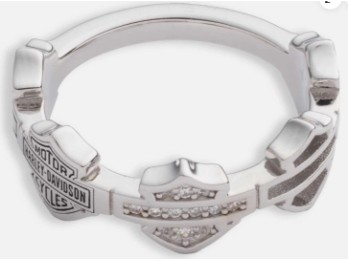 H-D Damenring mit Kristallen, mehreren Stegen und Wappenlogos, versilbert