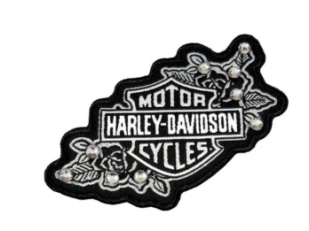 3.5 in. Studded Silver Floral Embroidered Emblem Sew-On Patch, Black & White
