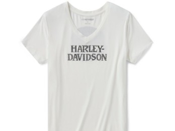 Willie G Skull Bling T-Shirt V-Neck für Damen - weiß