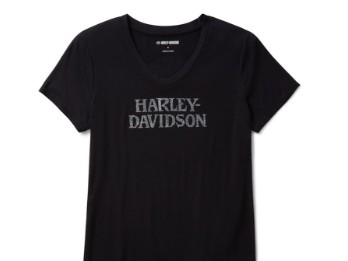 Willie G Skull Bling T-Shirt V-Neck für Damen - schwarz 