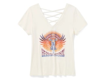 Damen-T-Shirt „Bling Sunset Ride“ mit kurzen Ärmeln und Schnürung am Rücken