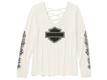 Damen-T-Shirt mit langen Ärmeln, Schnürung am Rücken und V-Ausschnitt in Bling Chrome & Roses