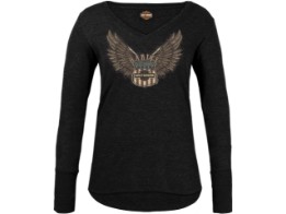 Harley-Davidson® Dealer Longsleeve-Shirt Langarm-Shirt "Traveler", für Damen, schwarz/grau, Motiv hinten "Hamburg Wappen