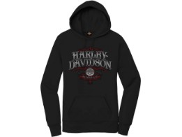 Harley-Davidson® Dealer Hoodie "Willi G Swirl" für Damen, schwarz, Motiv hinten "Köhlbrandbrücke"