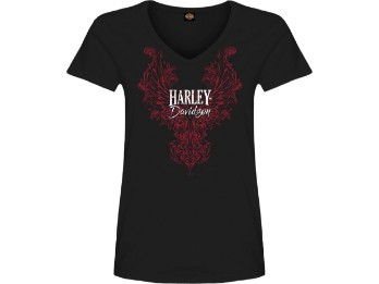Harley-Davidson® Dealer T-Shirt "V-Wings" für Damen, schwarz, Motiv hinten "Hamburg Wappen"