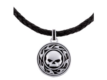 Flaming Skull Leather Necklace