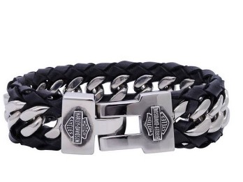 Steel Curb Link&Black Leather Bracel et