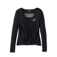 Harley-Davidson Damen Langarm Top Bar & Shield Ruched V-Neck Schwarz