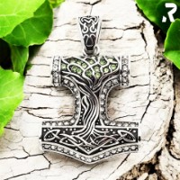 Rockyfy Edelstahl Mjölnir Anhänger "Thors Soul" by Rockyfy – Wikinger Hammer mit Lebensbaum & grünen Kristallen ADF014