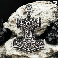 Rockyfy Edelstahl Mjölnir Anhänger "Thors Spirit" – Wikinger Hammer mit Lebensbaum & schwarzen Kristallen ADF019