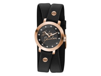 Armbanduhr, Doppeltgewickeltes Lederarmband, Harley-Davidson, Roségold, Schwarz