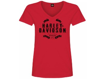 Harley-Davidson Dealer Shirts mit Backprint Lübeck Holstentor Ladies Simple V-Neck Bright red 3001789