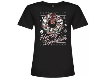 Harley-Davidson Dealershirt Damen T-Shirt Wreath Schwarz Wintershirt Weihnachten