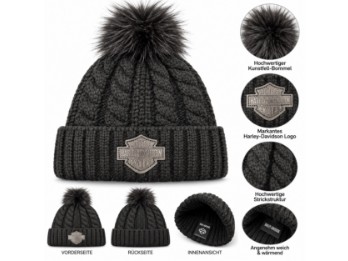 Harley-Davidson Damen Strickmütze mit Bommel – Schwarz | 97728-26VW