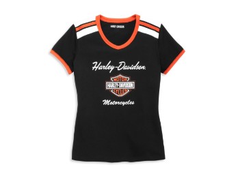 Harley-Davidson T-Shirt V-Ausschnitt Schulterstreifen Schwarz Weiß Orange