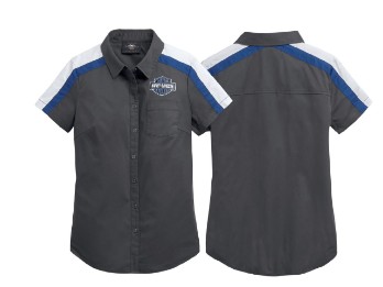 Harley-Davidson Damen Kurzarmhemd Bar & Shield Asphaltgrau mit Blau/Weißen Streifen