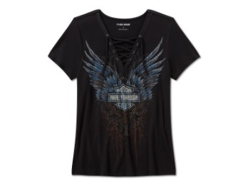 Harley-Davidson Women's Bling Dark Angel Short Sleeve Laced Front Tee - Black 96633-25VW