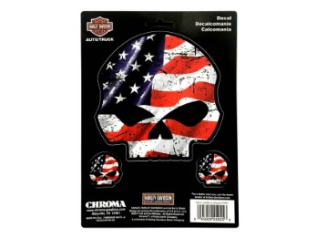 Aufkleber, Willie G Skull, American Flag, Harley-Davidson, Rot/Weiß/Blau