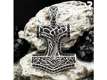 Rockyfy Edelstahl Mjölnir Anhänger "Thors Spirit" – Wikinger Hammer mit Lebensbaum & schwarzen Kristallen ADF019