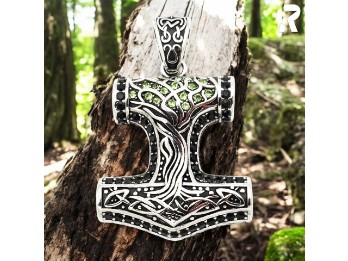 Rockyfy Edelstahl Mjölnir Anhänger "Thors Energy" by Rockyfy – Wikinger Hammer mit Lebensbaum & Kristall-Mix ADF020