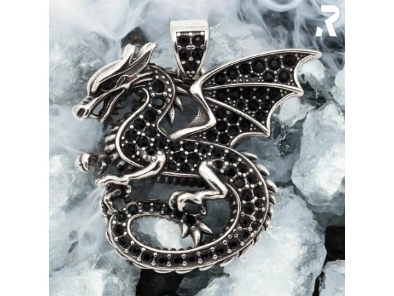 Drache Anhaenger Kettenanhaenger dragon silber edelstahl mit schwarzen schmucksteinen drachenschmuck rockyfy 02