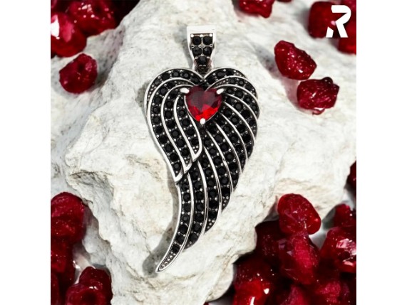 Fluegel Anhaenger Engel Herz Kettenanhaenger mit schwarzen und roten Schmucksteinen Engelschmuck Rockyfy 01
